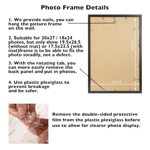 Image of JCJMY 20x27 Picture Frame Set of 3 with 18x24 Mat, Black 20 x 27 Poster Frames with Shatter Resistant Plexiglass, Display 18 x 24 with Mat or 20 by 27 Without Mat, Sturdy Wall Hanging Frames