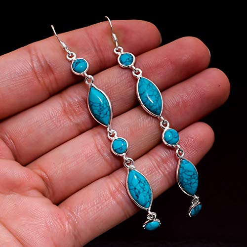 Turquoise Gemstone Sterling Silver Drop Earrings for Women and Girls, Bezel Set Ear-Wire Earrings, Turquoise Bridesmaid Earrings