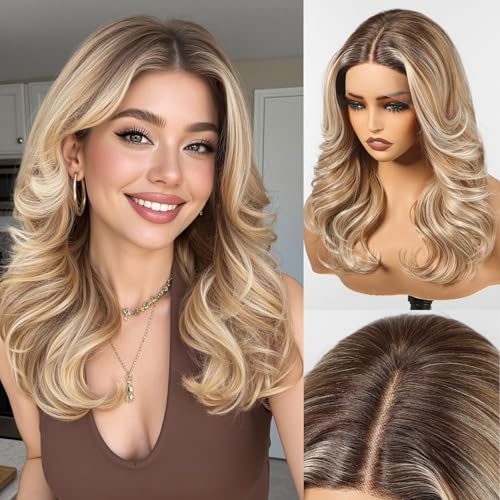 HAIRCUBE Glueless Synthetic Lace Front Wig, 18 Inch Ombre Brown Hightlight Curly Wigs, Put on Go Layered Wigs for Women Daily Use