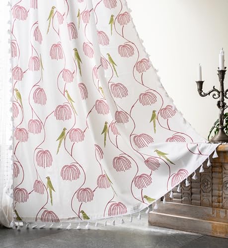Image of Tranquebar Curtain Co. Window Curtains 6 Feet, 60-65% Room Darkening, Green Bird Print, Cotton Curtains for Window, Boho Curtains for Living Room with Tassel Lace, BackTabs, Mithu (183 cm) - 1 Piece