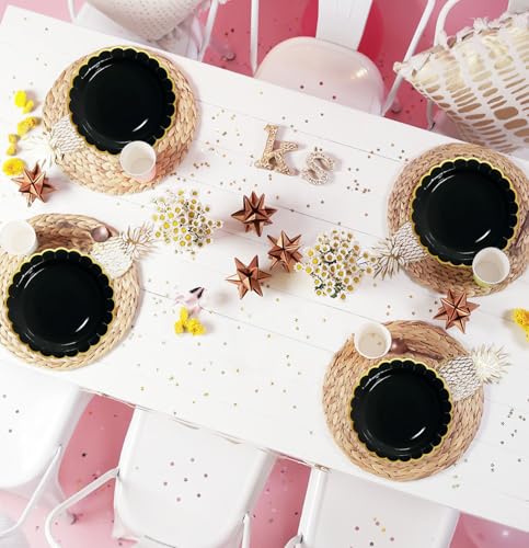Image of HEIPINIUYE 50 Pieces Black Paper Plates with Gold Foil 7 Inch Disposable Black Scalloped Dinner Plates for Wedding Baby Shower Birthday Party Dessert Plate