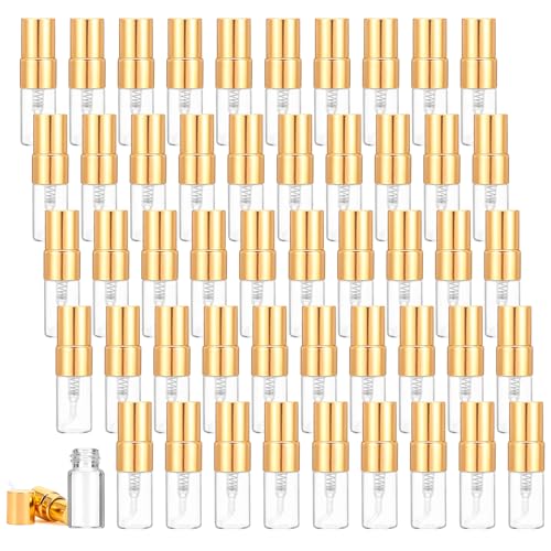 50 Pcs Mini Spray Bottles, 2 ml Clear Glass Perfume Bottles, Refillable Fine Mist Perfume Atomizer, Portable Empty Sample Containers for Cleaning, Essential Oils, Travel (Gold Cap)