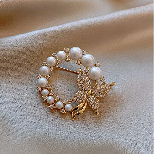 Image of GBAHFY Butterfly Pearl Brooch Gold Elegant Bridal Vintage Style Pins Wedding Banquet Anniversary Brooch for Women