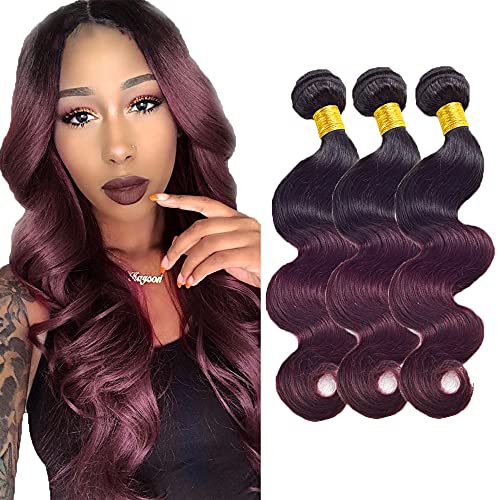 WunnSvm Red Human Hair Bundles 1b99j Ombre Body Wave Bundles Two Tone Human Hair Weave Natural Black To Burgundy Hair 3 Bundles 8A Grade Brazilian Remy Human Hair Extentions(10 12 14)Inch