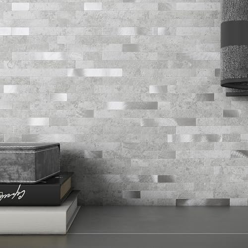 MOFIT - Azulejo de ladrillo de piedra 3D para cocina, despegar y pegar, azulejos de pared autoadhesivos, azulejos de mosaico lineales de mármol, paneles de pared de baño, chimenea, tocador (gris