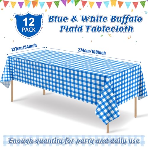 Image of 12 Pack Blue and White Plastic Checkered Tablecloth, Premium Decorative Disposable Blue Gingham Plaid Table Cloths for Parties, Rectangle Party Table Cover for Picnic Farm Birthday Wedding, 54x108Inch