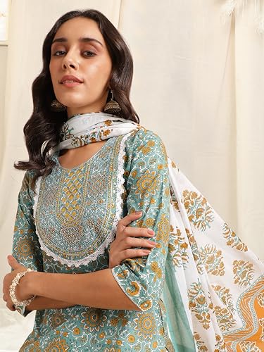 Image of MIRCHI FASHION Pure Cotton Women Straight Print & Thread Embroidery Kurti Set with Dupatta & Pant