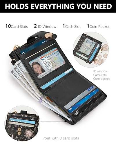 Image of Keychain Wallet Wristlet for Women,RFID Small Sun and Moon Wallet | Wallet Wristlet with Zipper Coin Pocket,Vegan Leather Card Wallets for Women, 2 ID Window,Gift