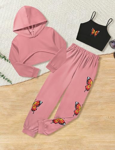 Image of Gaupafmb Girls Clothes 3PC Tie-dye with Butterfly Print Hoodie Sweatshirt Butterfly Print Cami Tops Sweatpants Girls