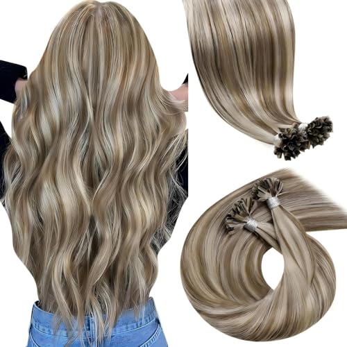 LaaVoo Extension Cheveux Naturel Keratine Brun Highlight Platine 50 Mèche 50g 45cm Extension Keratine Cheveux Humain Marron Clair Mixte Blond Blanc Lisse...