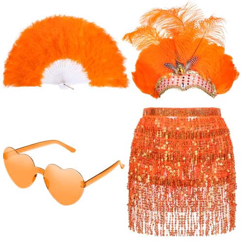 Shihanee 4 Pcs Showgirl Costume Set Orange Sequins Feather Outfit for Women Life of a Showgirl Including Headpiece Fan Tassel Skirt Heart Shaped Sunglasses 1920s Flapper Party Outfit Accessories