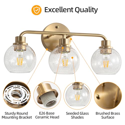 Image of Bathroom Light Fixtures Gold Vanity Light 3 Light Brushed Brass | Wall Sconces Lighting with Seeded Globe Glass Shades Bath Wall Lamp for Mirror Kitchen Living Room Bedroom Hallway