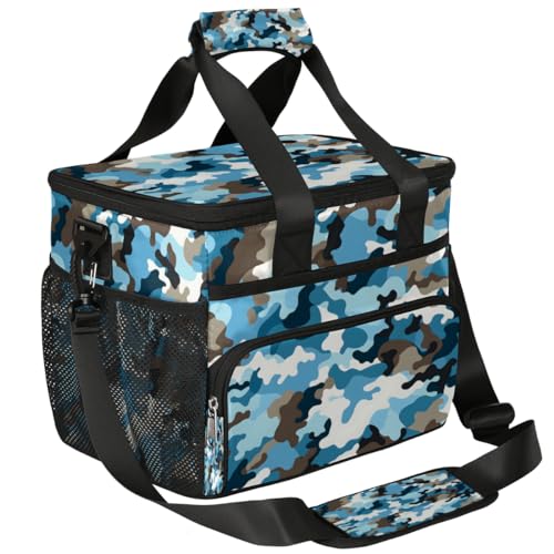 Camo Blue Insulated Picnic Backpack Lunch Box for Women Men Picnic Basket Tote Lunch Bag Picnic Bag Portable Lunch Bags for Picnic, Beach, Work, Trip,Office, Camp Camouflage Print
