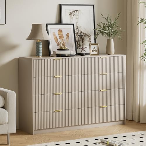 Image of Furniway Beige Dresser for Bedroom, Modern Dresser with 8 Drawers and Smooth Slides, Wide Chest of Drawers with Golden Handles for Bedroom, Closet, 15.7 inch D x 55 inch W x 37.4 inch H