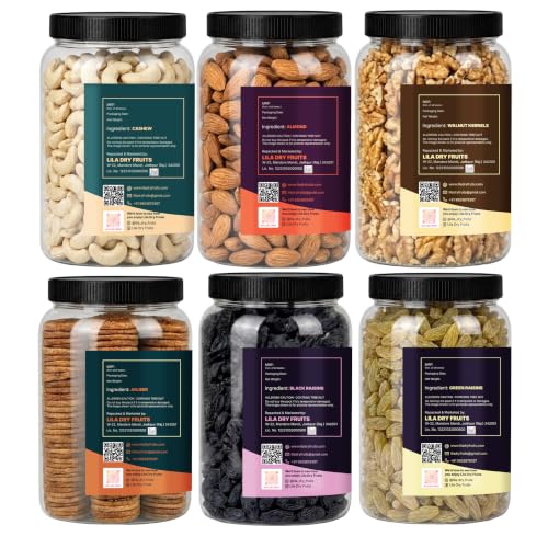 Image of LILA DRY FRUITS Dry Fruits Combo Pack of Almonds, Cashews, Green Raisins, Black Raisins, Anjeer & Walnuts 100 Gms x 6 Mixed Dry Fruits for Healthy Snacking Perfect for Gifting
