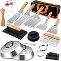 18Pcs Griddle Accessories Kit, Joyfair Stainless Steel Flat Top Grilling Spatula Accessory Tools Set with Basting Cover Burger Press, for Outdoor BBQ Teppanyaki Hibachi Cooking (Wooden Handles)