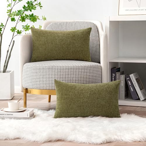 Image of MIULEE Pack of 2 Couch Throw Pillow Covers 12x20 Inch Soft Olive Green Chenille Lumbar Pillow Covers for Sofa Living Room Solid Dyed Cases