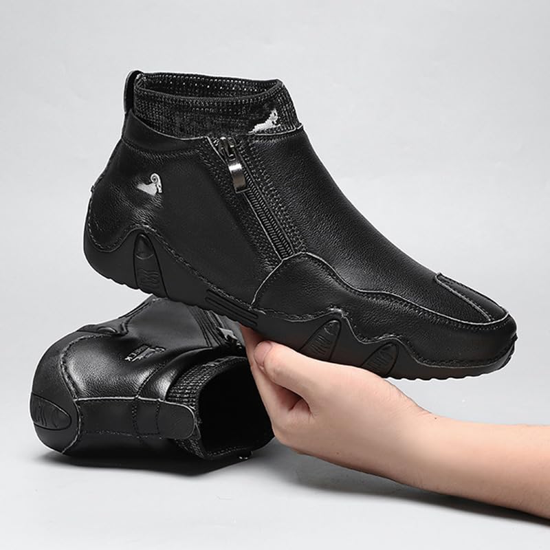 RiceelSor Men's Casual Leather High Top Loafers Hand-Stitching Side Zipper Driving Chukka Ankle Boots Fully Fur Lined Warm Non-Slip Waterproof Dress Shoe3