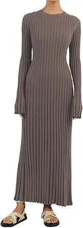 Argeousgor Casual Knit Long Sleeve Maxi Dress for Women Crew Neck Ribbed Bodycon Midi Dress Fall Winter Sweater Long Dress