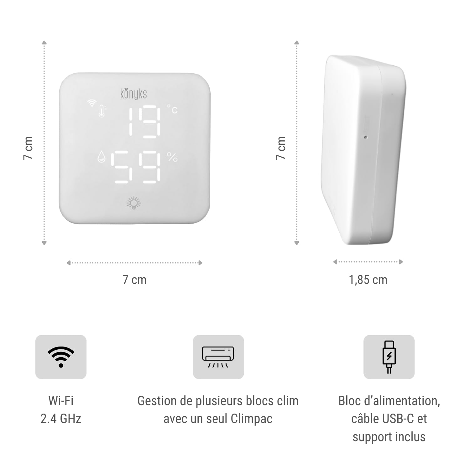 Konyks Climpac - Thermostat Wi-FI pour Climatiseurs et Pompes à Chaleur Air-Air, contrôle à Distance, Commande vocale, thermomètre et hygromètre intégrés