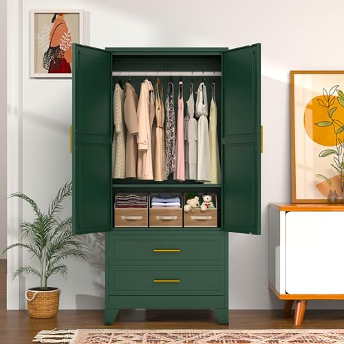 71 Metal Armoire Wardrobe Closet Metal Wardrobe Cabinet with Hanging Rod Green