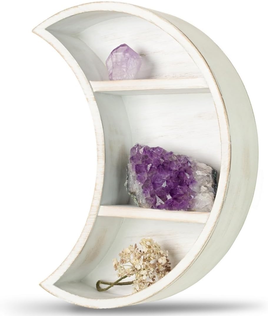 LABEND HOME Moon Shaped Shelf for Crystals - Crescent Moon Shelf Wall Mounted - Half Moon Shelf for Crystal Display, Stones, Trinkets - Reversible Boho Spiritual Décor for Bedroom - White Rustic Wood