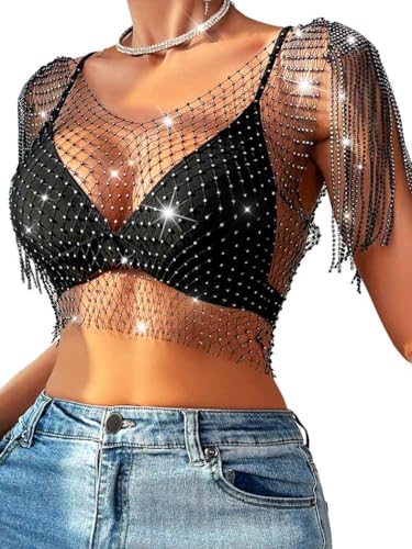 Uranian Rhinestone Mesh Body Chain See Through Crop Top Sleeveless Tassel Tank Top Bikini Cover Up for Beach Rave Party Festival