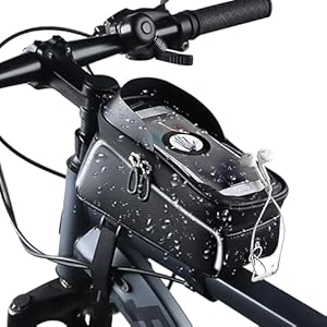 Bike Bag Bicycle Accessories-Waterproof Mountain Bicycle Front Frame Bag-Phone Holder for Bike,Bike Accessories with Sensitive Touch Screen, for Cell Phones Under 7 inches