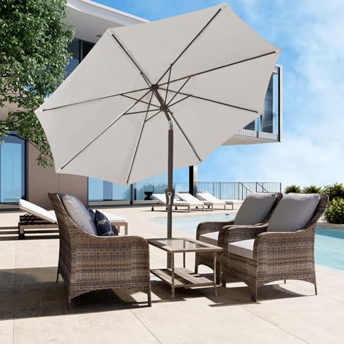 Image of JEAREY 9FT Outdoor Patio Umbrella Outdoor Table Umbrella with Push Button Tilt and Crank, Market Umbrella 8 Sturdy Ribs UV Protection Waterproof for Garden, Deck, Backyard, Pool (Fog Gray)