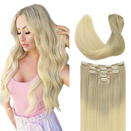 Image of DOORES Classic Clip Seamless Clip, 5pcs 80g 20 Inch Balayage Ash Blonde to Golden Blonde and Platinum Blonde
