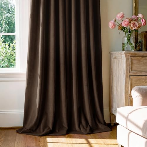 Image of Brown Velvet Curtains Blackout for Living Room, W52 x L96, 2 Panels | 300GSM Thick Soft Velvet, Blackout, Thermal Insulated, Window Drapes, Sound Dampening with Back Tab for Study Room, Office