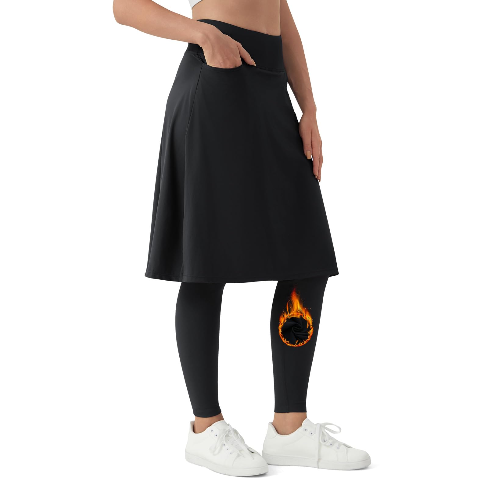 beroy Knielanger Damenrock mit Fleece, volle Leggings, athletischer Tennis-Skorts, bescheidene Rock-Leggings, Taschen