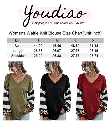 Youdiao Womens V Neck Tops Long Sleeve Shirts Waffle Knit Blouse Casual Loose Oversized Pullover Sweatshirt Black M