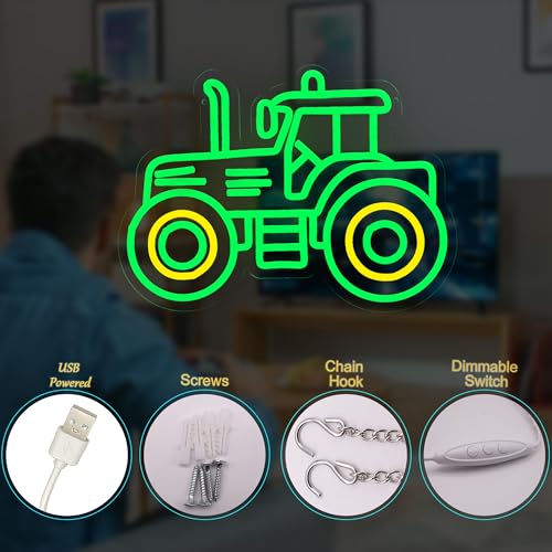 Image of Green Tractor Neon Sign - LED Farm Tractor Night Light for Boys Room, Kids Bedroom, Birthday Party, Tractor Wall Decor for Garage, Man Cave, USB Powered Neon LED Sign