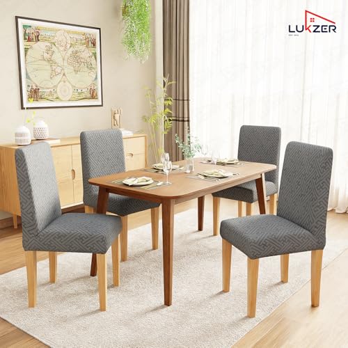 Image of Lukzer Elastic Dining Chair Cover - 4PC Pastel Dark Grey Grid Maze | Textured High Stretch Jacquard Seat Cover | Removable Washable Short Dining Chair Cover Protector Seat Slipcover | (CC-104-4)