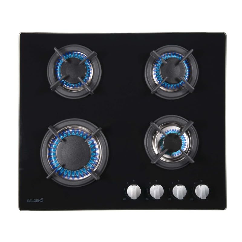 BELDEKO - Plaque de cuisson gaz 4 feux verre noir - 7500W - Grille fonte