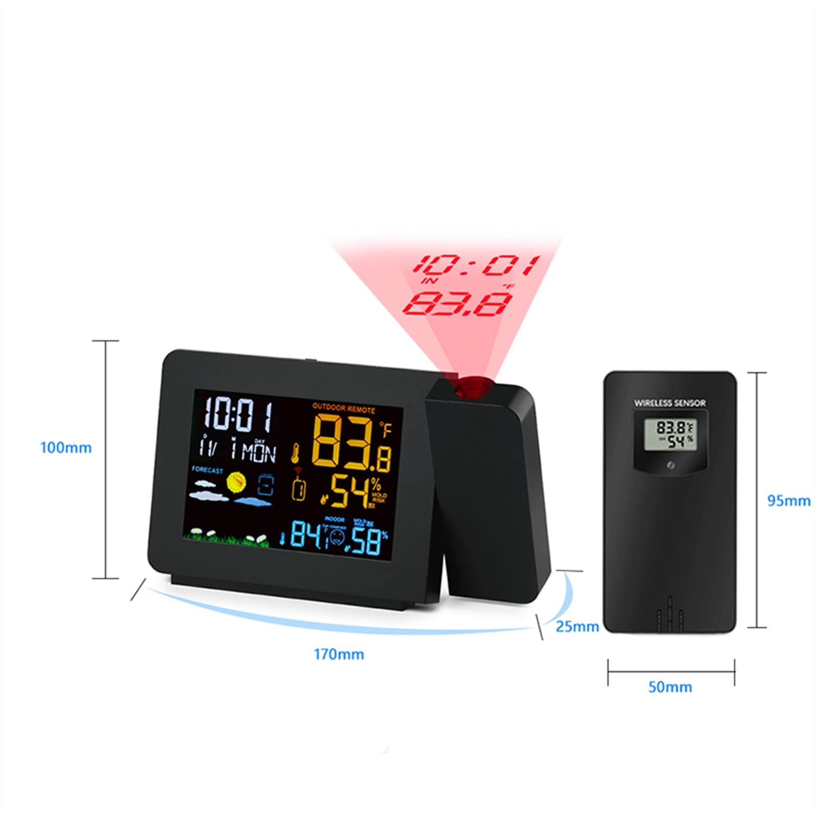 Stacja Pogodowa, Stacja pogodowa Czujnik Projekcja Budzik Snooze Funkcja Kolorowa Podświetlenie Desk Stół Zegar LED z wilgotnością temperatury(1pcs Outdoor Sensor)