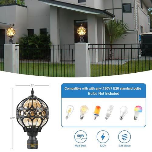 Dusk to Dawn Globe Outdoor Post Light for Lawn Patio Yard Driveway, Black Sphere Outside Lamp Post Light, Pier Mount Post Lantern Lighting Fixtures, Soccer Ball Exterior Pole Post Light(1 Pack)