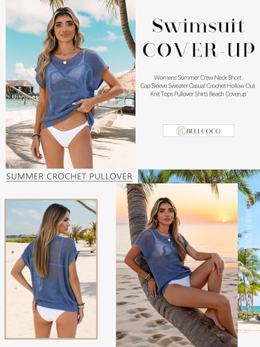 Image of Womens Summer Crochet Tops Hollow Out Cap Sleeve Cover Up Tank Top Pullover Sweater Vest Beach Vacation Clothes