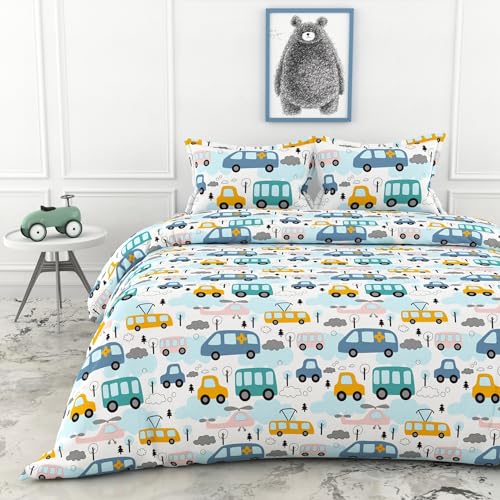 LORETO - A QUALITY LINEN BRAND 100% Cotton King Size Bedsheet with 2 Pillow Covers - Bubblegum Blue Bus & Banana Yellow Cars, Soft & Breathable 144 TC Fabric, Perfect for King Beds