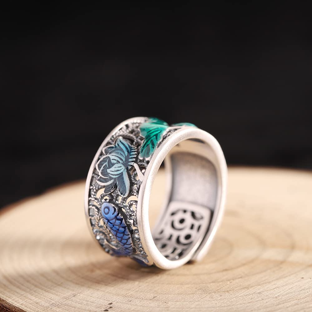 Anillo De Banda De Loto Azul 999 Sterling Silver Hollow out Fish Play with Lotus Dematy Ring para Hombres Amantes De Yoga De Yoga Ajustable