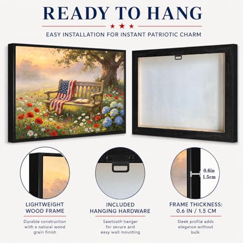 Image of American Flag Framed Canvas Wall Art, 4th of July Floral Canvas Prints, Wildflower Landscape Patriotic Decorations, Vintage Rustic Independence Day Wall Decor for Bedroom Living Room Office 11x14