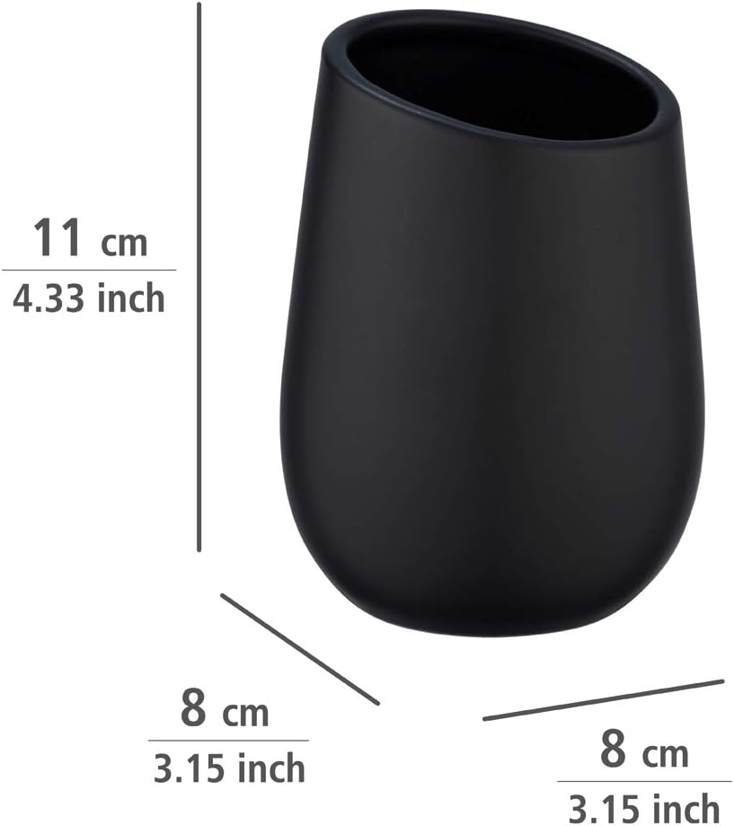 WENKO Badi Black Ceramic Tumbler - Toothbrush Holder for Toothbrush and Toothpaste, Ceramic, 8 x 11 x 8 cm, Black