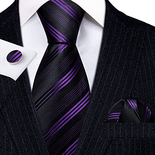 Image of Barry.Wang Man Stripe Ties Set Silk Woven Pocket Square Necktie Cufflinks Formal Party Business