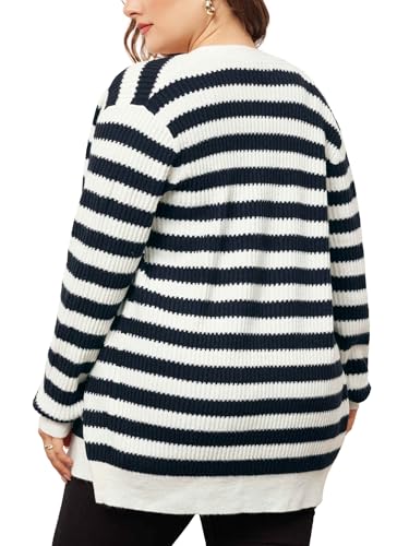 Image of Agnes Orinda Plus Size Cardigan Sweater for Women Button Down Open Front Long Sleeve Striped Knit Cardigans Coat Winter