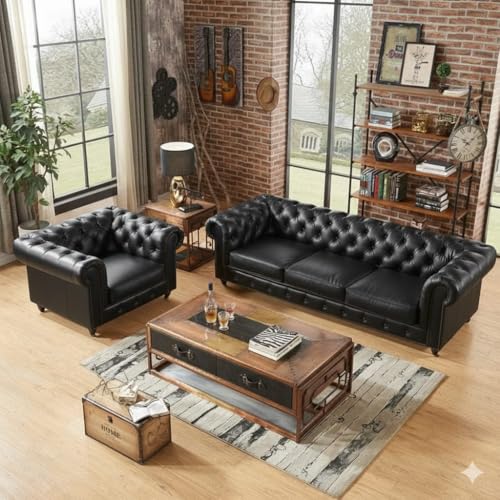 Image of Classic Leatherette Chester Sofa Set Button Tufted, Classic Style Sofa Set for Living Room, Office, and Hallway Colour (Black Leatherette, 3+1=4 Seater Sofa)