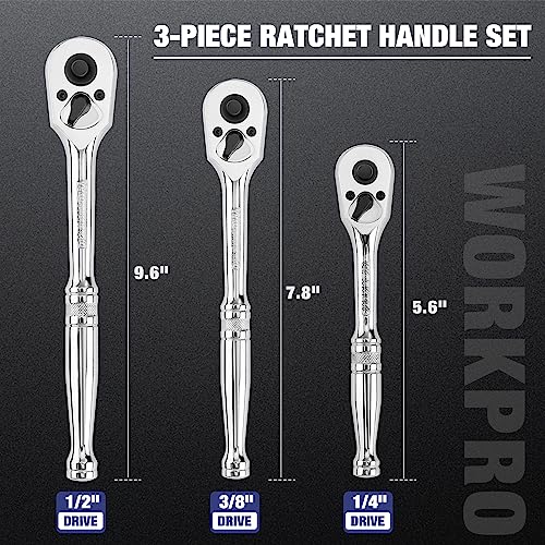 Image of WORKPRO 3-Piece Ratchet Set, 1 /4 inch, 3 /8 inch, 1 /2 inch Drive, 72-Tooth | Quick Release Reversible, 5 Degree Swing, Chrome Alloy Made, Full Polished