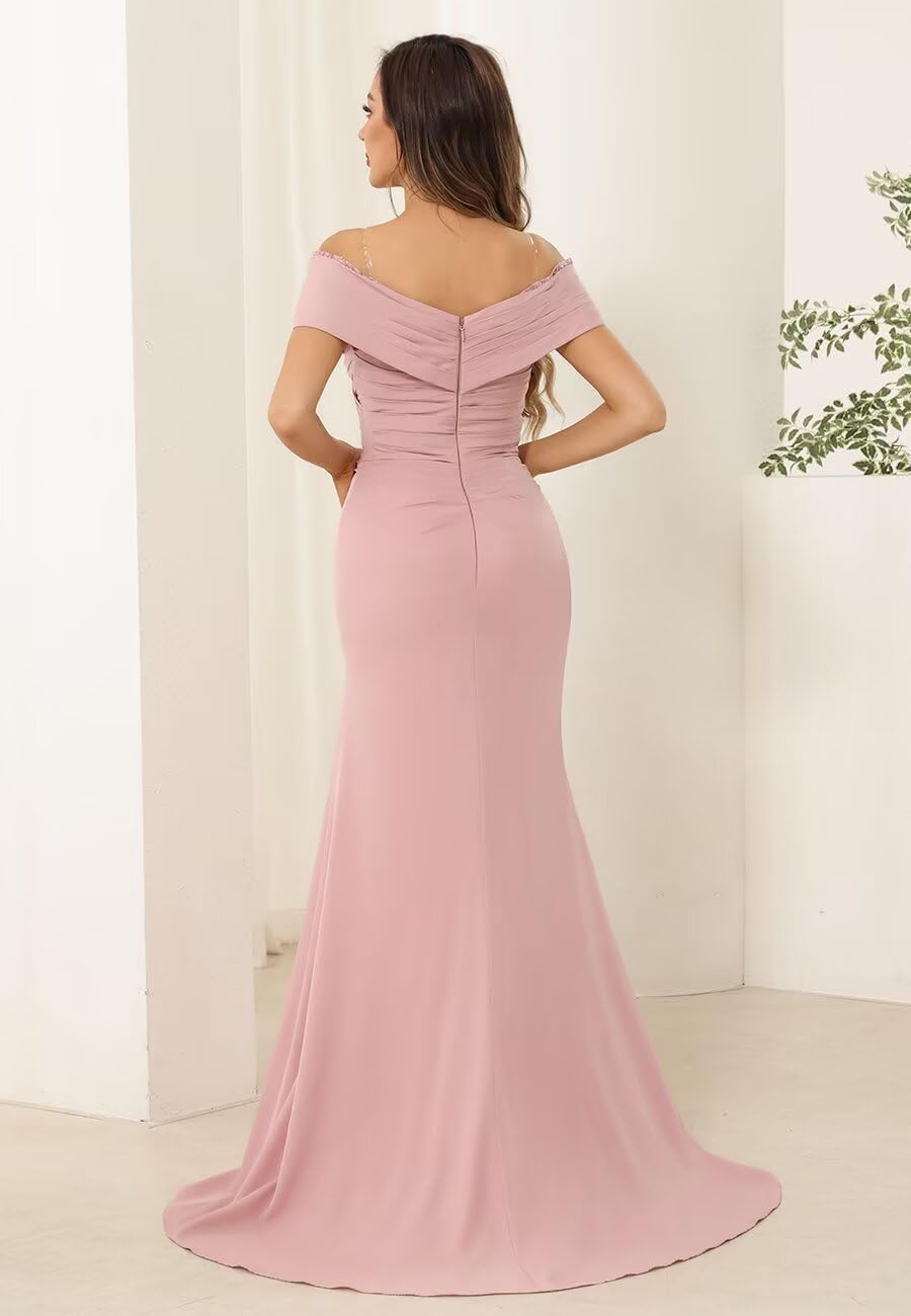 Women's Off Shoulder Long Mother of The Bride Dresses Long Satin Ruched Evening Formal Dress with Slit PUS076 - Image 2