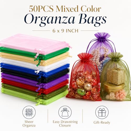 Image of Hopttreely 50PCS Organza Bags, 6x9 Mixed Color Large Gift Bags Mesh Bag Drawstring for Goodie Candy Jewelry Sachet Mother's Day Wedding Party Favor Treats Gifts
