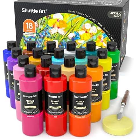 Shuttle Art 18 Colors Acrylic Paint Bottle Set (250ml/8.45oz), Rich Pigmented Bulk Painting Supplies for Artists, Beginners and Kids on Rocks Crafts Canvas Wood Ceramic Cover
